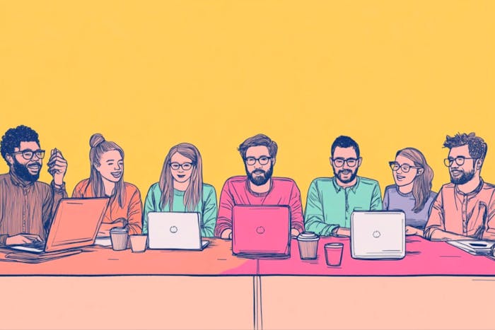 A group of indie hackers work and discuss ideas.